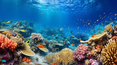 تصویر بنر فوق عریض از دنیای زیر آب با مرجان‌ها در اقیانوس عمیق و آبی
