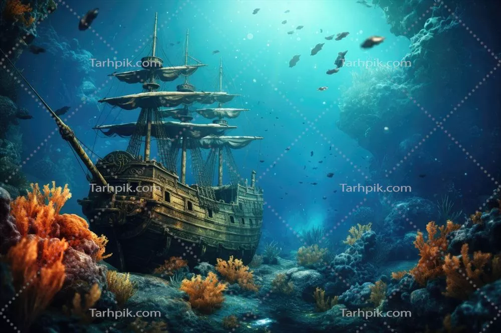 دهکده زیر آب استوایی با کشتی دزدان دریایی و مرجانها در دنیای زیبای زیر آب