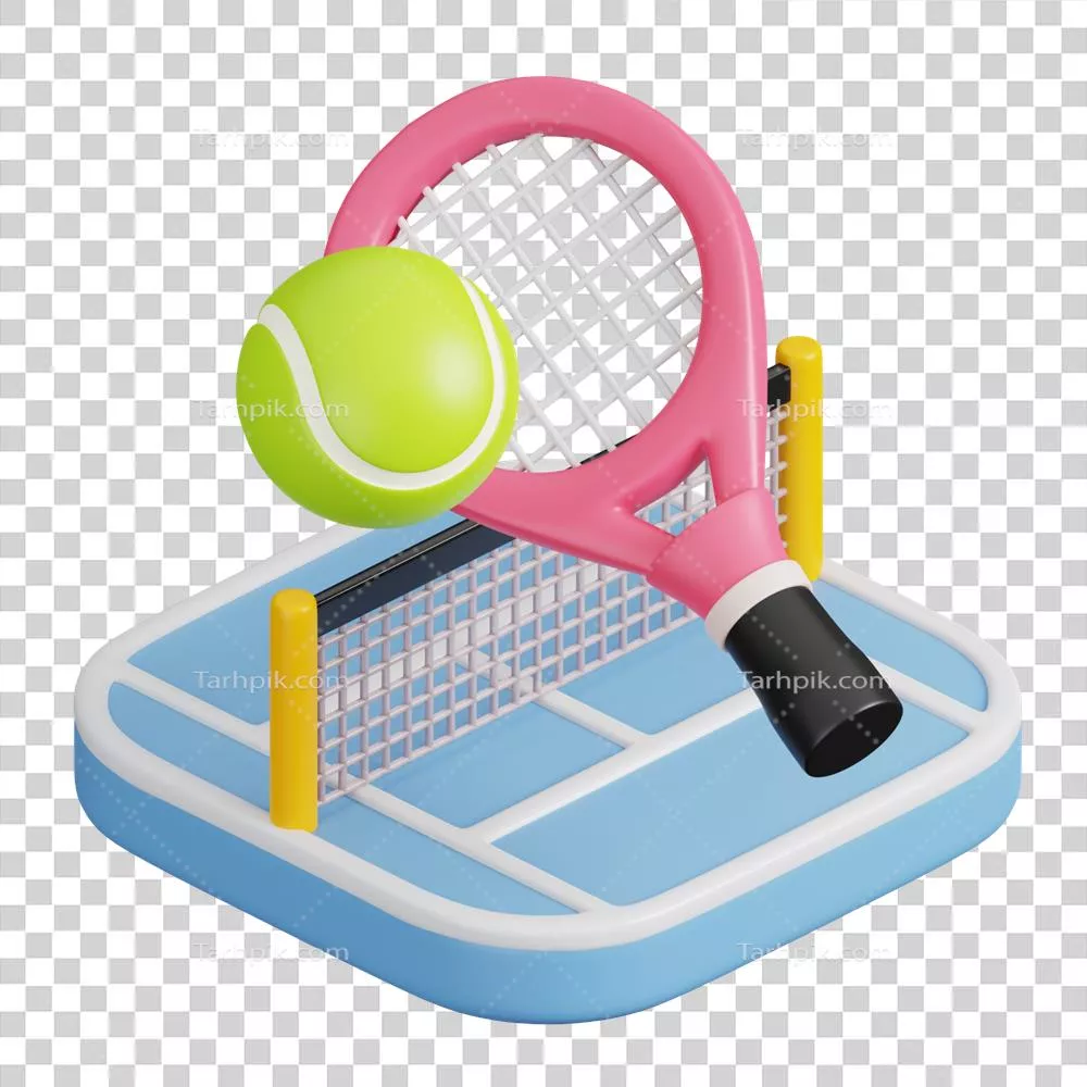 راکت تنیس و توپ روی زمین تنیس - نماد ورزشی و نماد بازی در طراحی سه بعدی