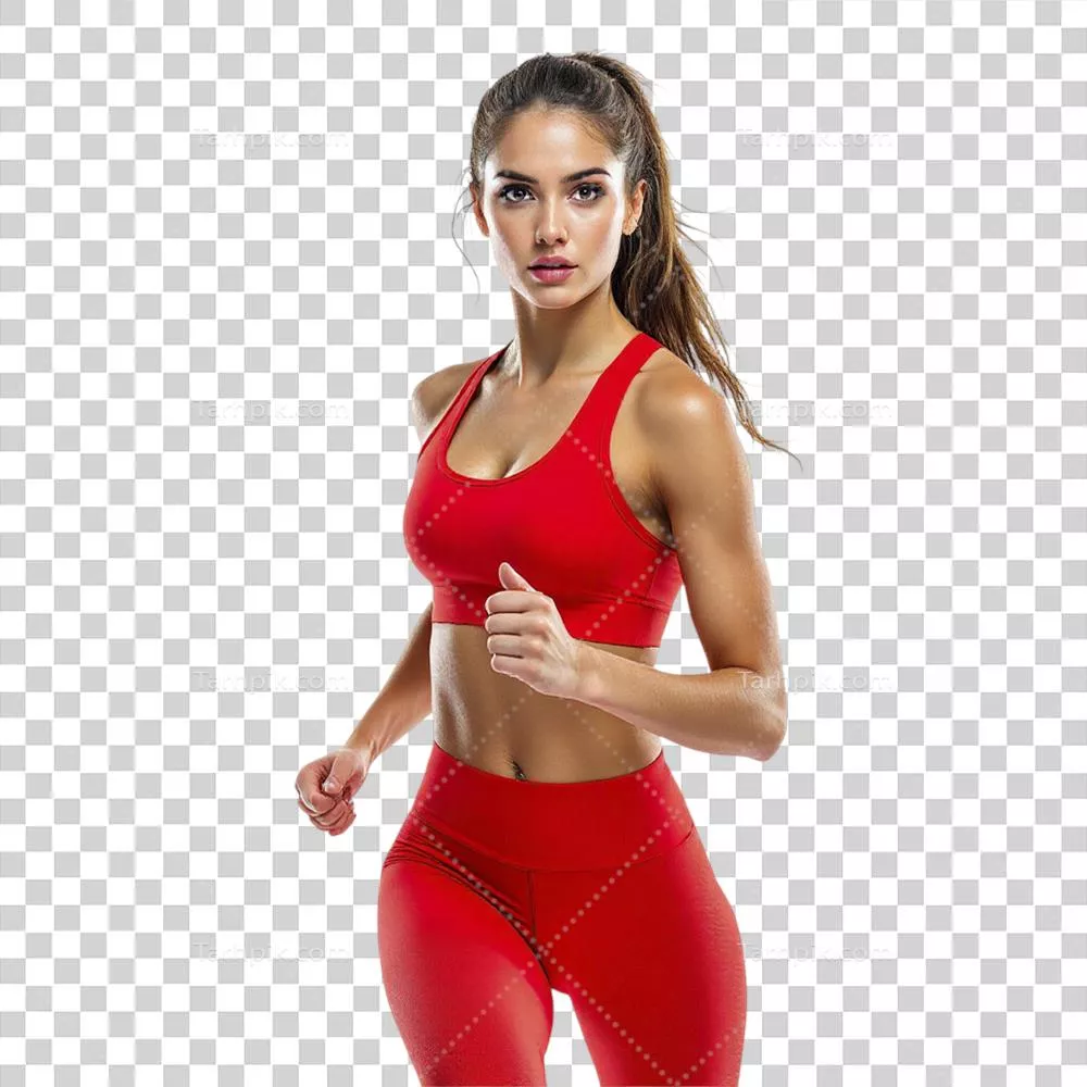زنی در سینه بند ورزشی قرمز و لگهای تنگ برای ورزش