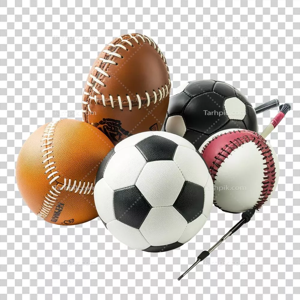 مجموعه ای از توپ ها و تجهیزات ورزشی در پس زمینه شفاف و تمیز