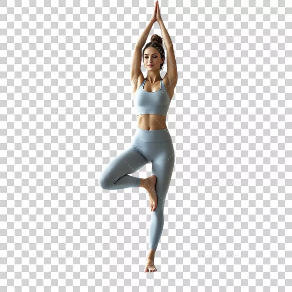 زنی در سوتین ورزشی آبی و leggins در حال انجام یک حالت یوگا