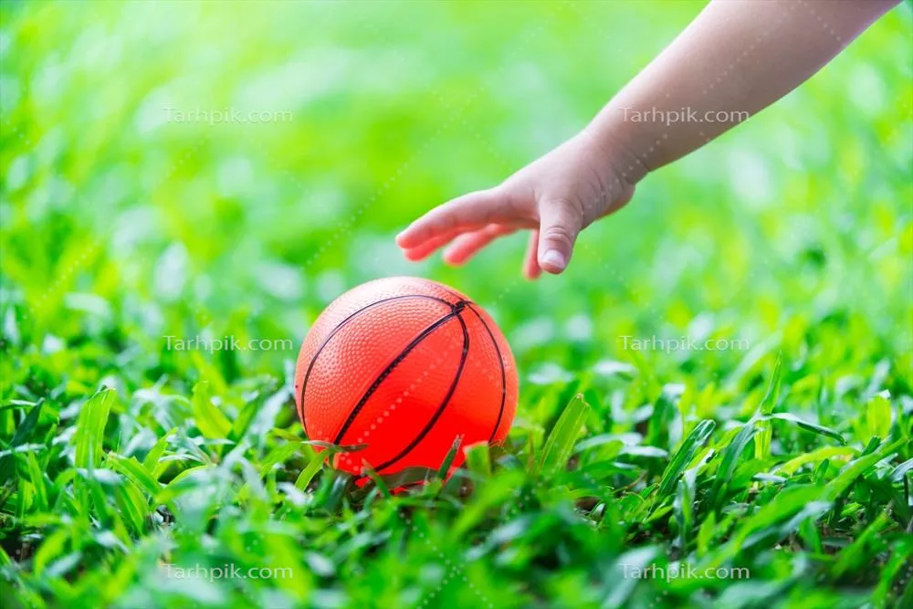 دختر کوچکی که به توپ نارنجی روی چمن سبز دست میزند و توپهای لاستیکی جمعآوری میکند