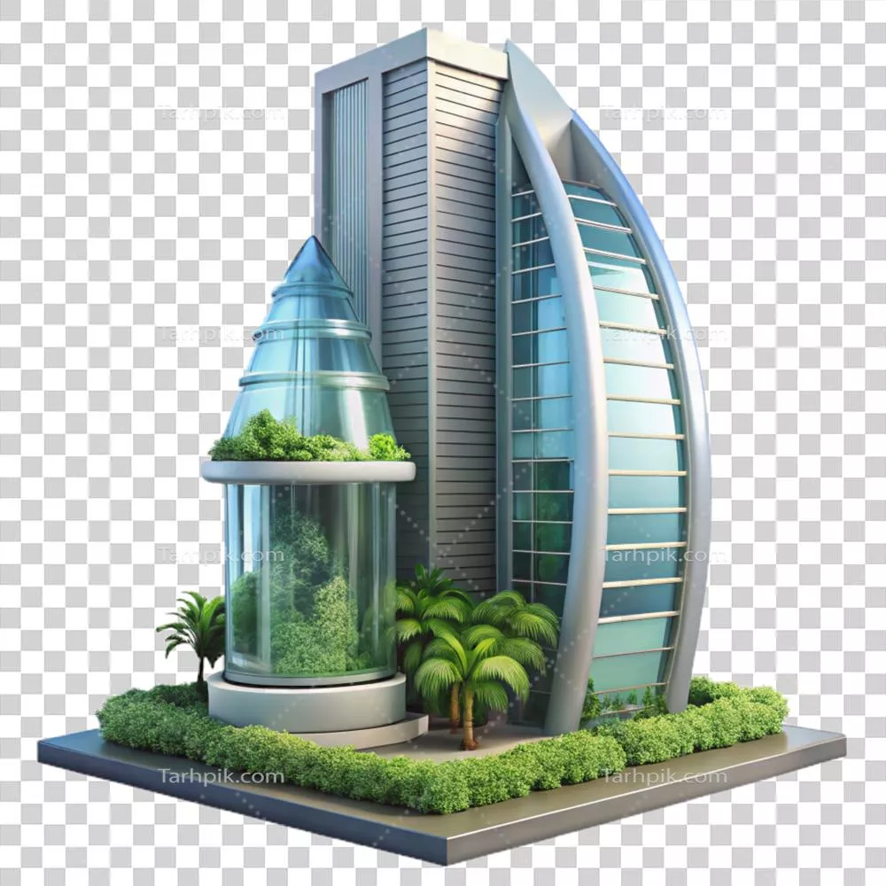 ساختمان مدرن و سنتی با طراحی کلاسیک و سبز به صورت سه بعدی و اصیل
