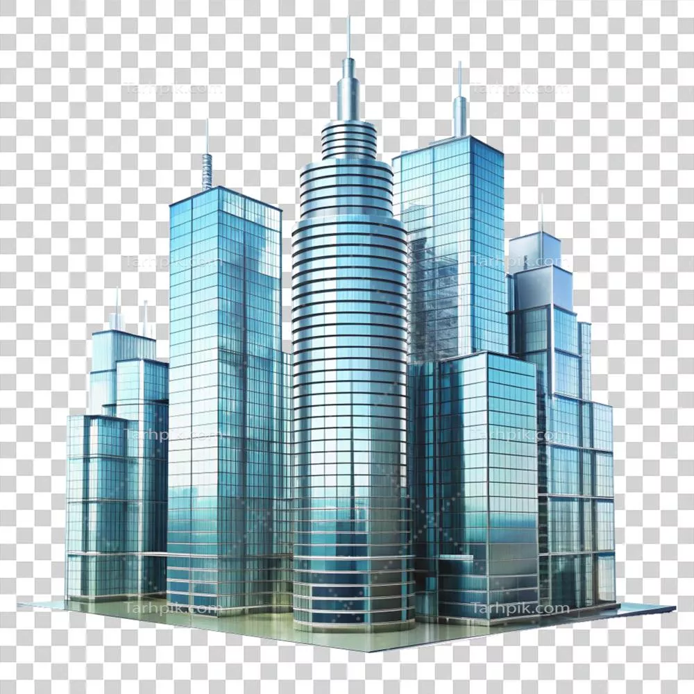 رندر معماری چشم انداز شهری مدرن با آسمان خراش های شیشه ای و زیبا