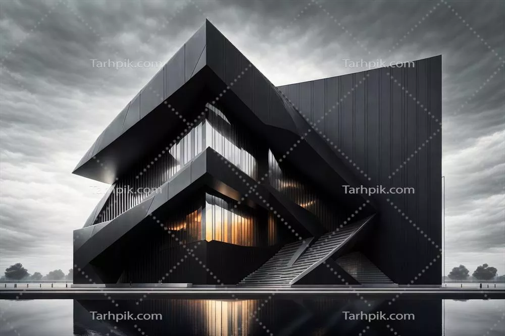 ساختمان آینده‌نگر با نمای سیاه و لبه‌های تیزی که توسط هوش مصنوعی طراحی شده است