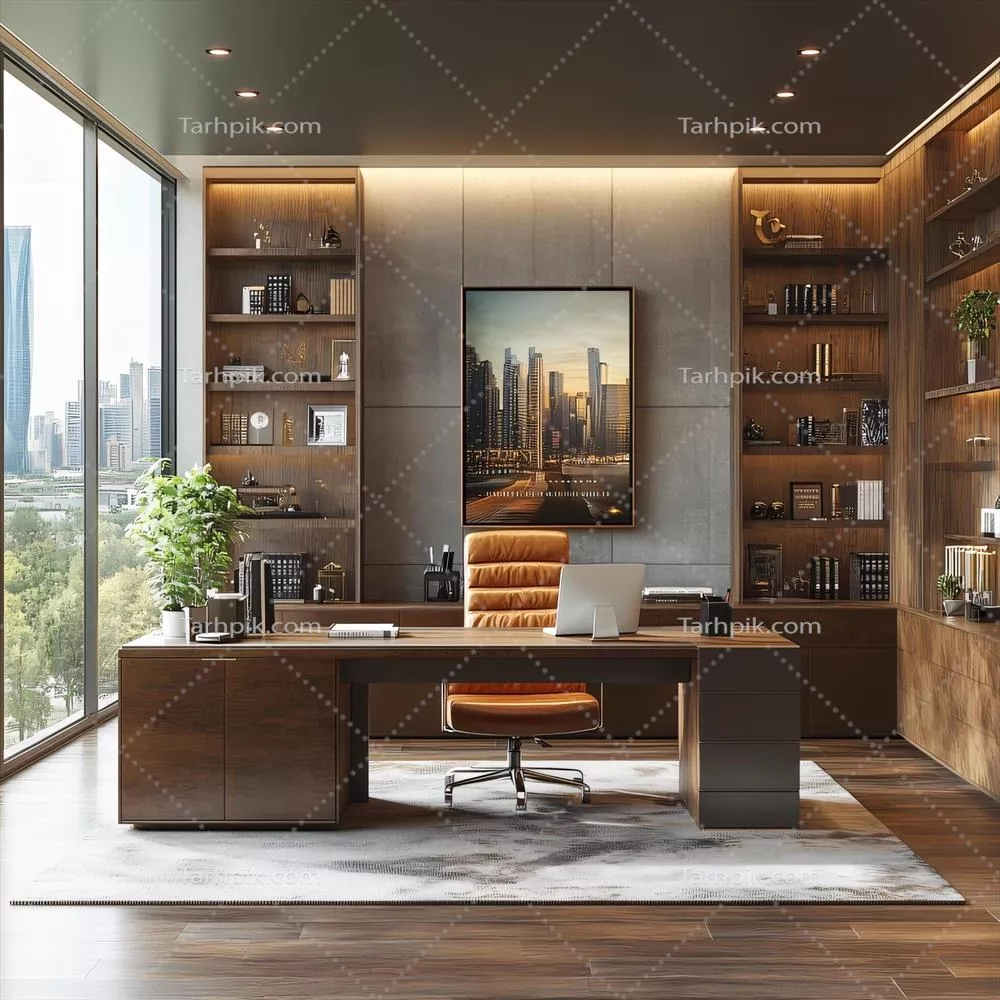 طراحی داخلی مدرن برای دفاتر اجرایی با فضای کار و چشم‌انداز شهری