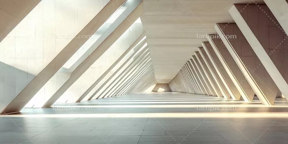 راهروی مدرن معماری با نور آفتاب و ستونهای هندسی بتن