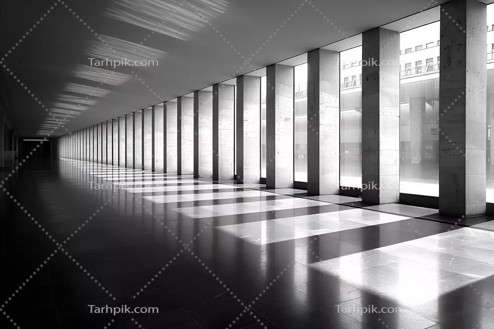 راهرو معماری مدرن با ستونهای آفتابگیر و انعکاسها برای طراحیهای پوستر و چاپ