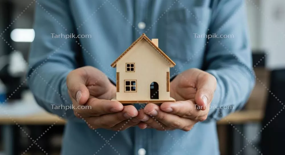 مفهوم معماری و مالکیت: شخصی با مدل مینیاتوری خانه در دست