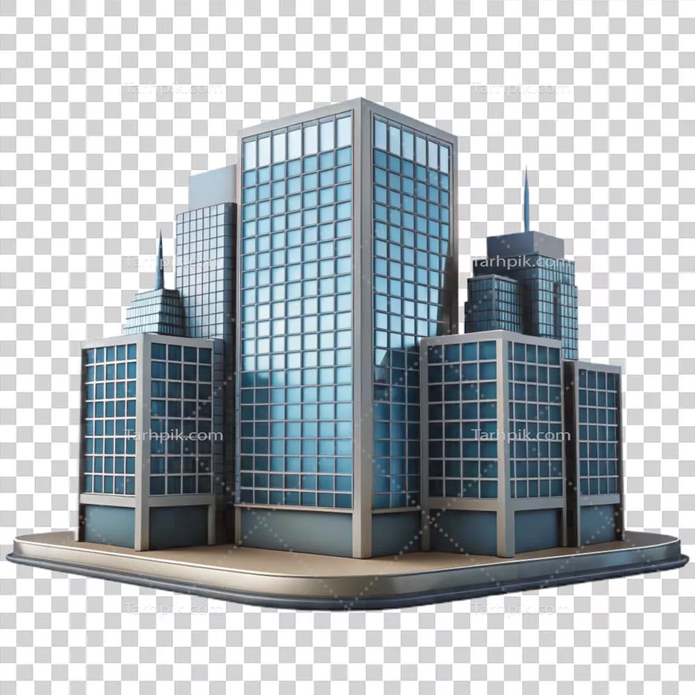 ساختمان اداری مدرن و سنتی با نمای آرامش‌بخش و سیلوئت در پس‌زمینه‌ای شفاف