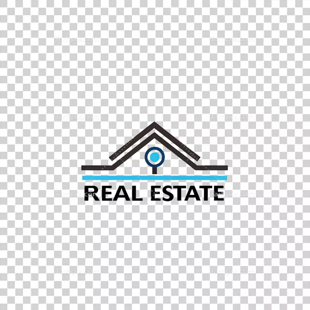 طراحی لوگوی مدرن املاک با نماد خانه و عناصری گرافیکی به رنگ آبی