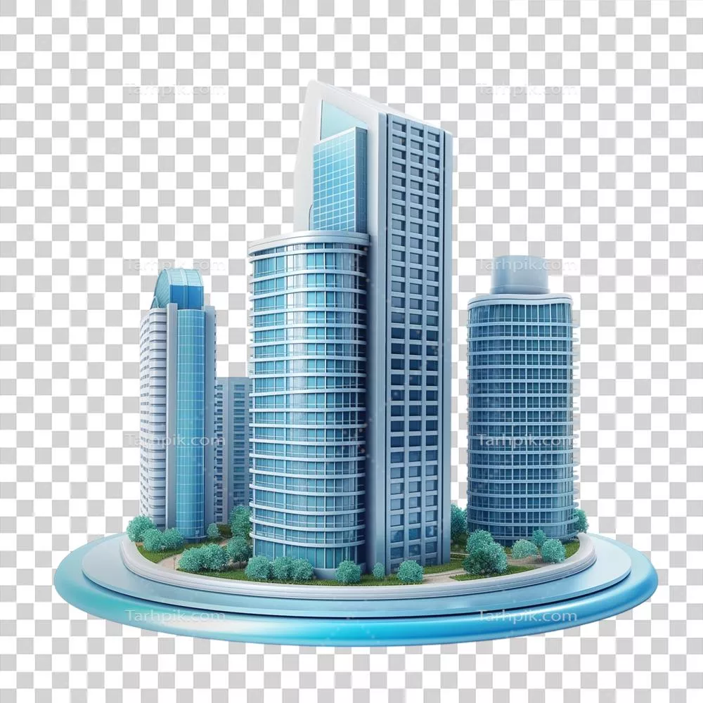 مدل سه‌بعدی شهر آبی با ساختمان‌ها روی پس‌زمینه شفاف