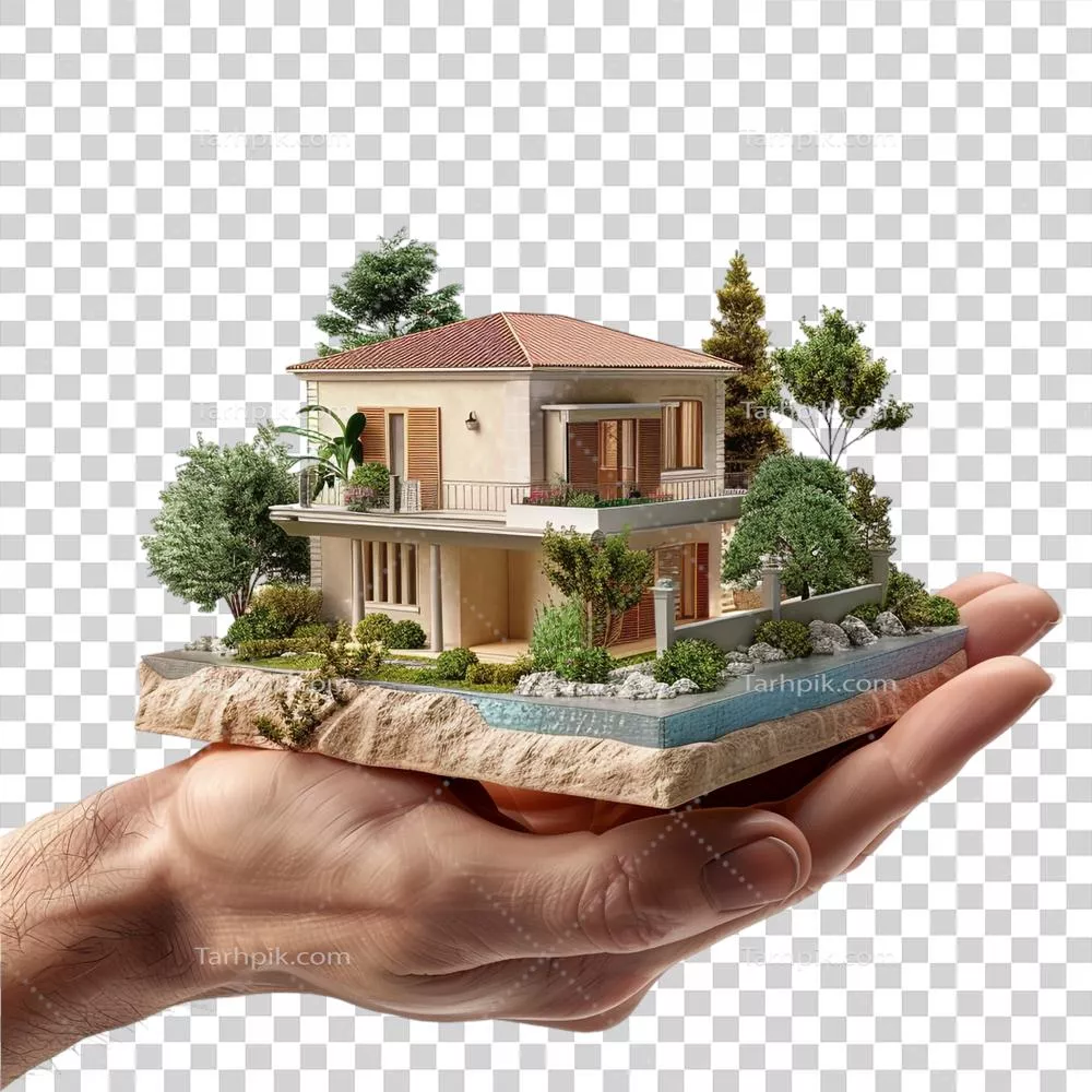خانهای که توسط هوش مصنوعی طراحی شده و در دست گرفته شده بر روی پسزمینه شفاف