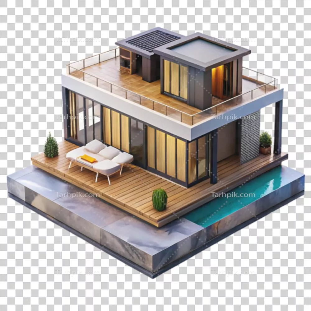 مدل سهبعدی خانهی مدرن لوکس با پشتبام و استخر بینهایت