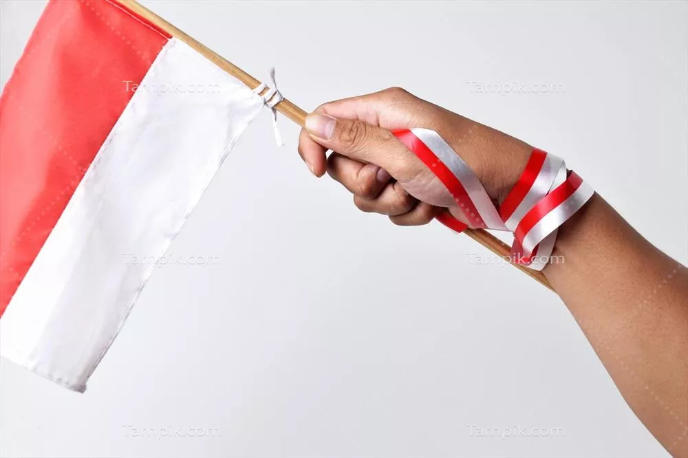 بالابردن پرچم سرخ و سفید ملت اندونزی توسط یک مرد