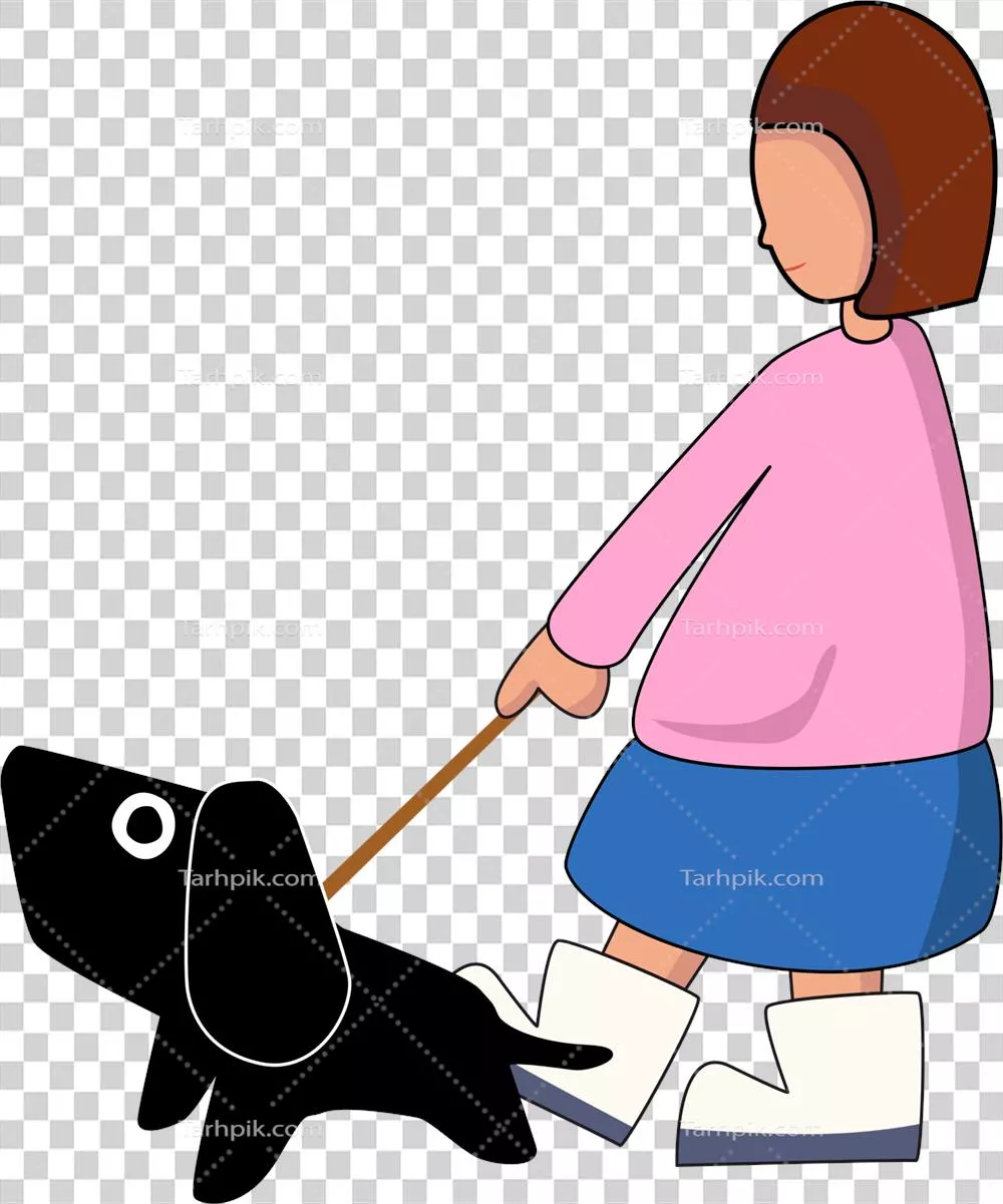 دختر خوشحال در حال پیادهروی با سگ راهنما به صورت کارتون