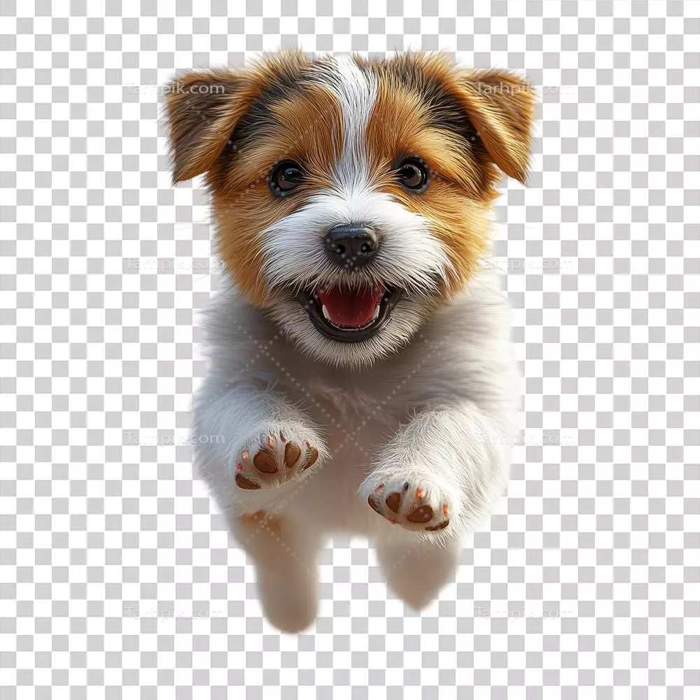 سگ توله شاد در حال پرش با شور و هیجان بر روی پسزمینه ساده و شفاف