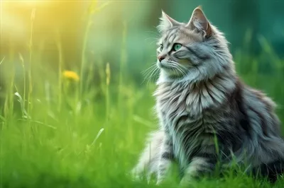 گربه‌ای تُند، زیبا و شگفت‌انگیز در باغ، نشسته و نگاهش به سمت کنار است