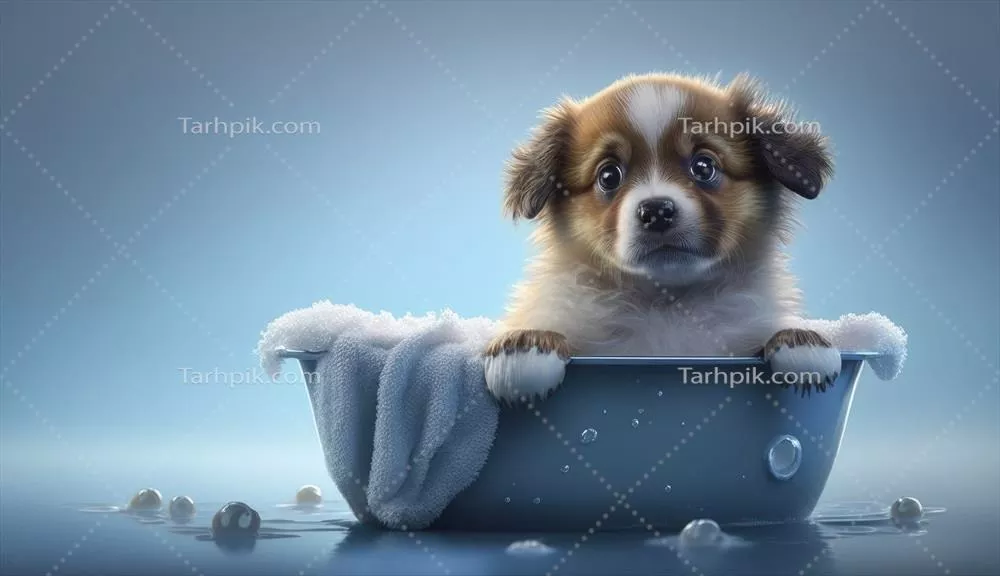 شیرینی و زیبایی تولهسگ در حمام با پسزمینه آبی و تمیز کردن آن