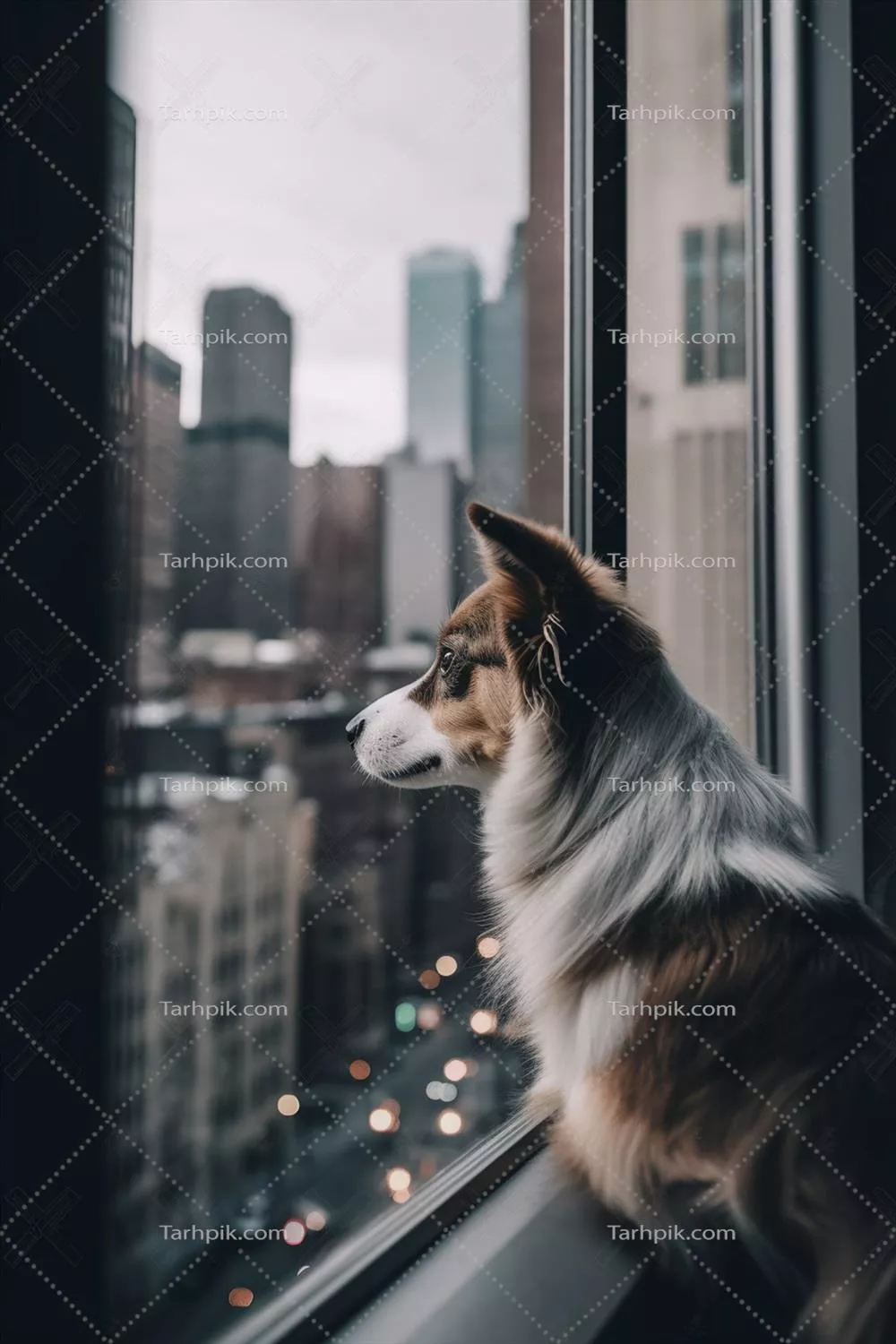 longing به منظره شهر شلوغ از پشت پنجره یک سگ در یک ساختمان بلند