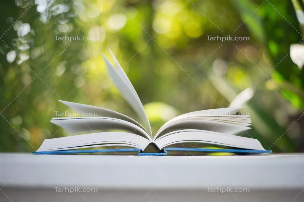 تصویر نزدیک از یک کتاب باز با پسزمینه طبیعت و بوکه زیبا