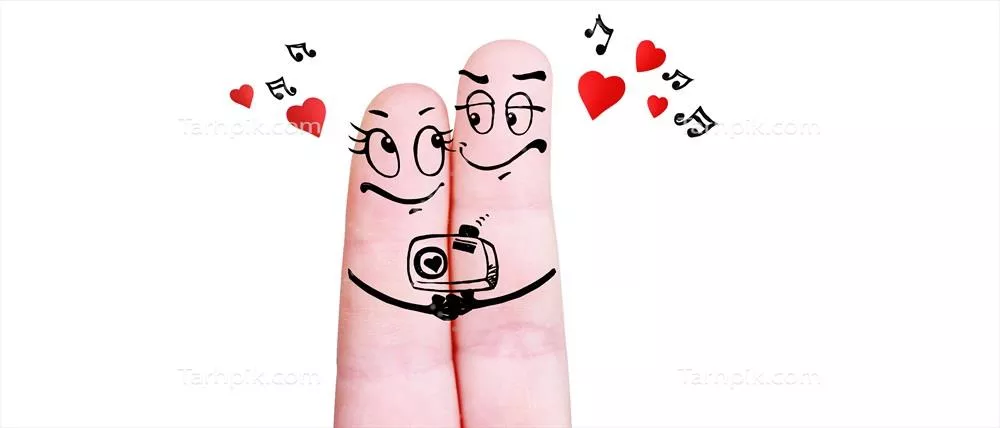 یک طراحی سه بعدی از زوج خوشحال با انگشتان در هم در روز ولنتاین