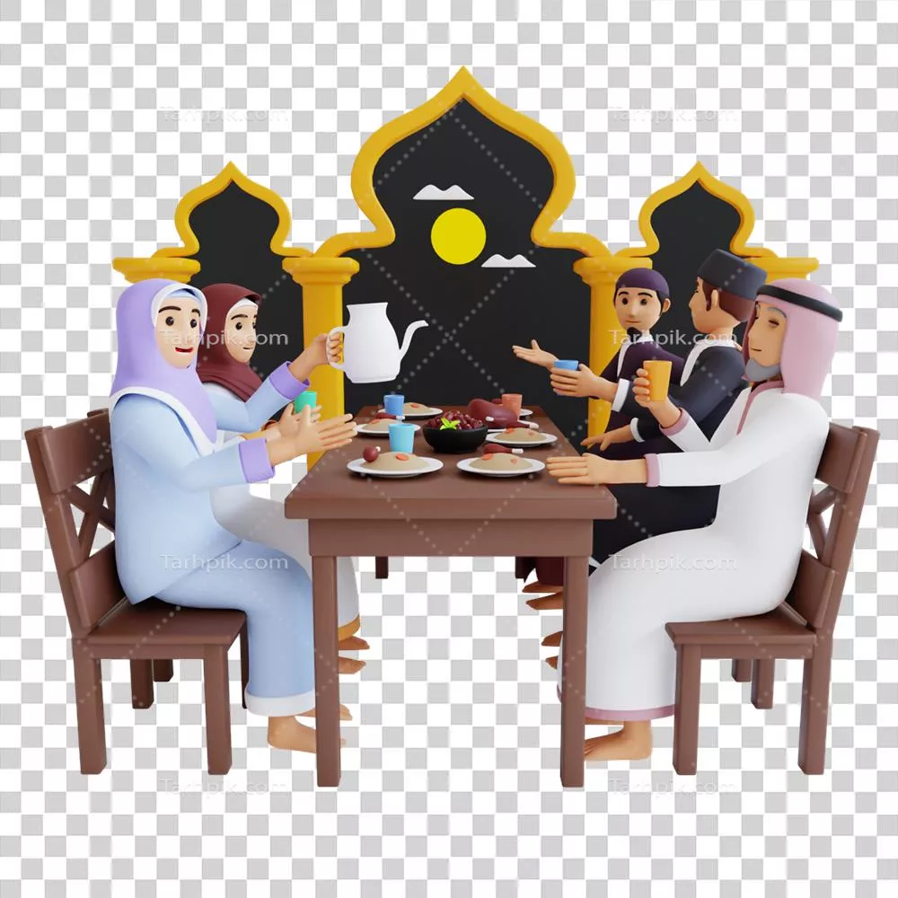 تصاویری 3 بعدی از مسلمانان نوجوان هنگام خوردن غذا در مهمانی افطار و سحری