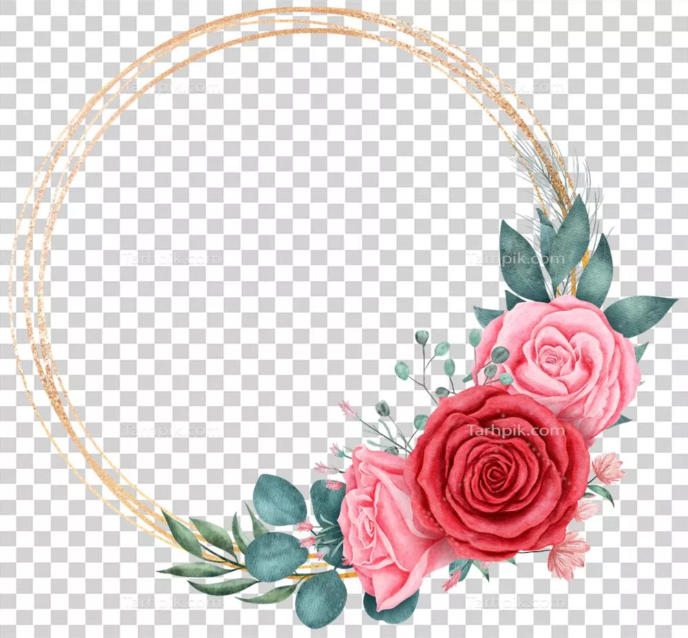 گروه گل سرخ با قاب دایره‌ای طلایی و آب‌رنگ برای روز ولنتاین