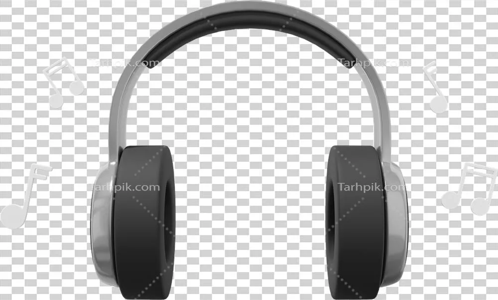 هدفون بیسیم و نتهای موسیقی در نمای جلو - آیکون خاکستری با پسزمینه شفاف - رندر سهبعدی