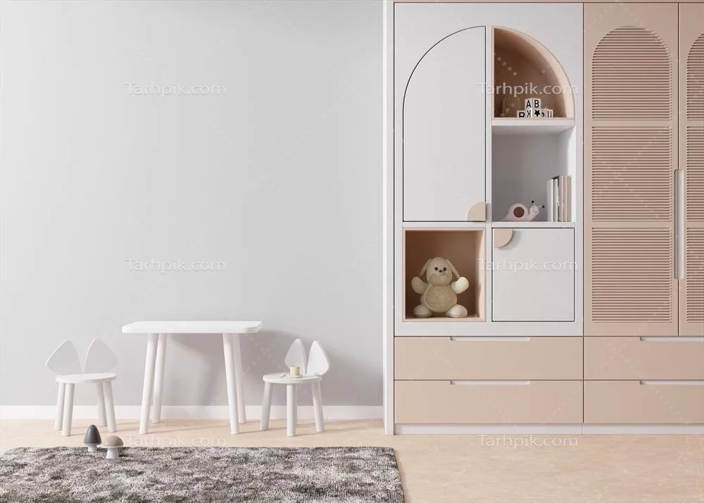 دیوار خاکستری خالی در اتاق کودک مدرن با طراحی اسکاندیناوی معاصر و فضای خالی برای آثار هنری شما