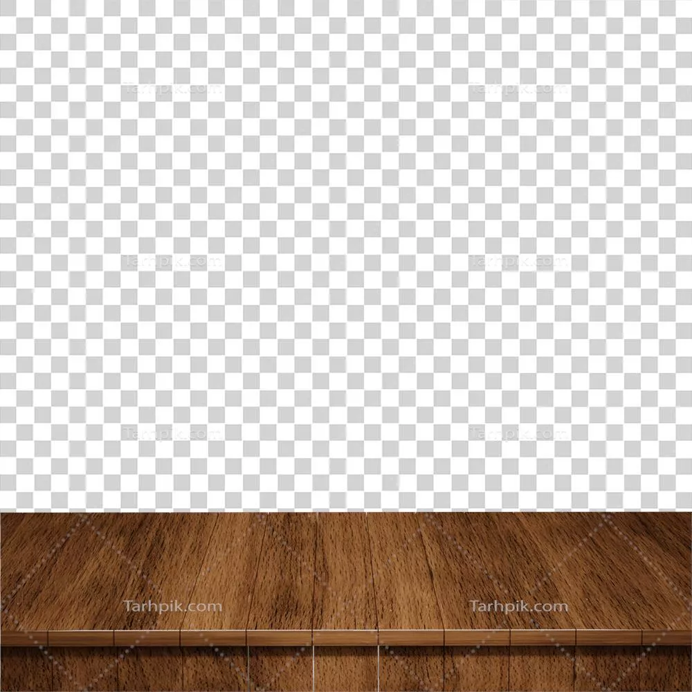 نمای سهبعدی از میز چوبی با پسزمینه چوبی و نمای جلو