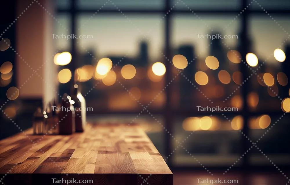 میز چوبی خالی و انتزاعی با فضای خالی برای محصولات در یک اتاق مدرن