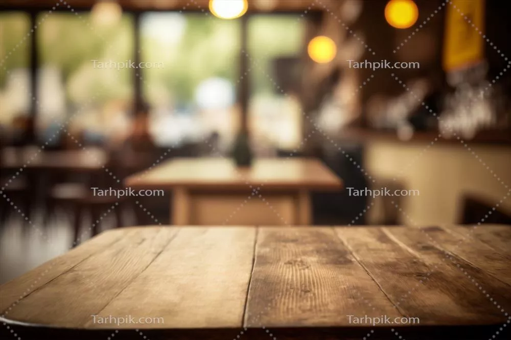 میز خالی با تخته چوبی در پیش زمینه مبهم