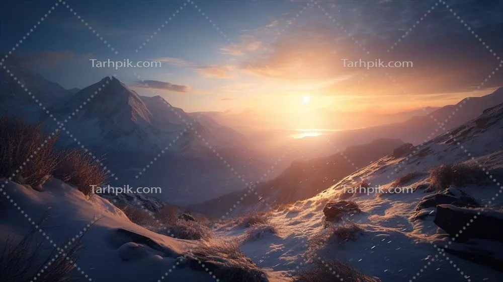 غروب آفتاب در کوهستان و طلوع آفتاب بر فراز مناظر زمستانی زیبا