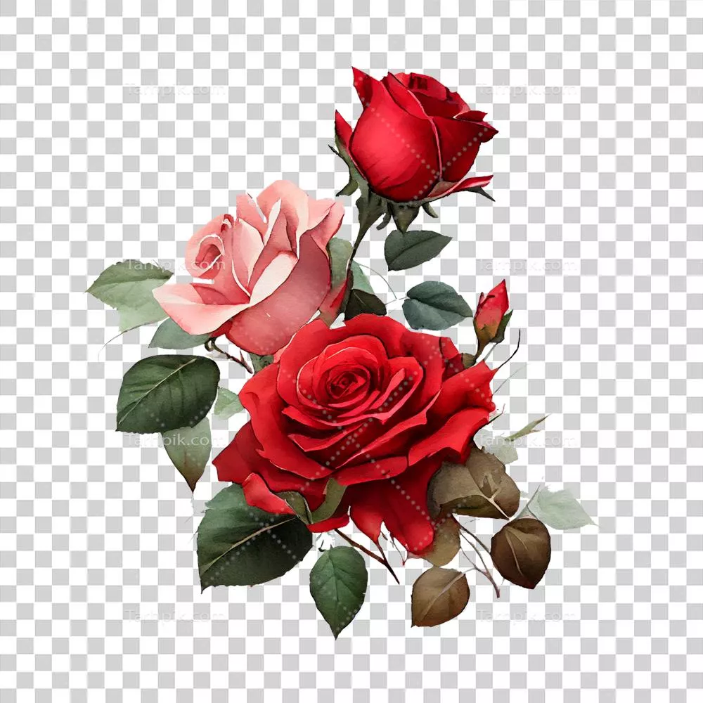 ترکیب گل‌های آبرنگی با گل‌های سرخ بر روی پس‌زمینهٔ شفاف با استفاده از هوش مصنوعی