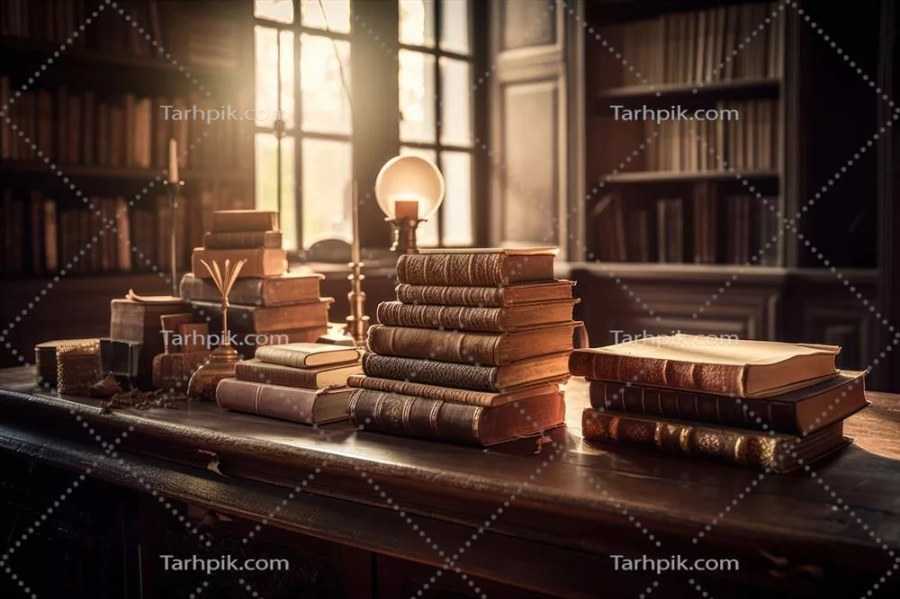 کتابهای روی میز: آموزش و ادبیات با کتاب باز و مجموعهای از کتابها