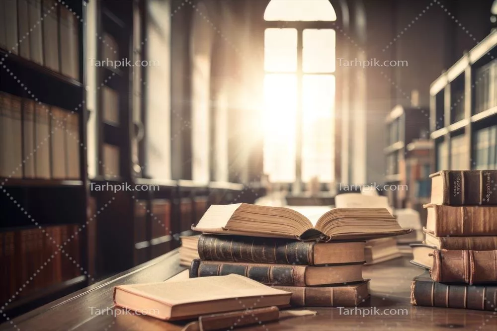 کتابخانه‌ای از کتاب‌ها بر روی میز، با کتابی باز که گنجینه‌ای از دانش را نمایان می‌سازد