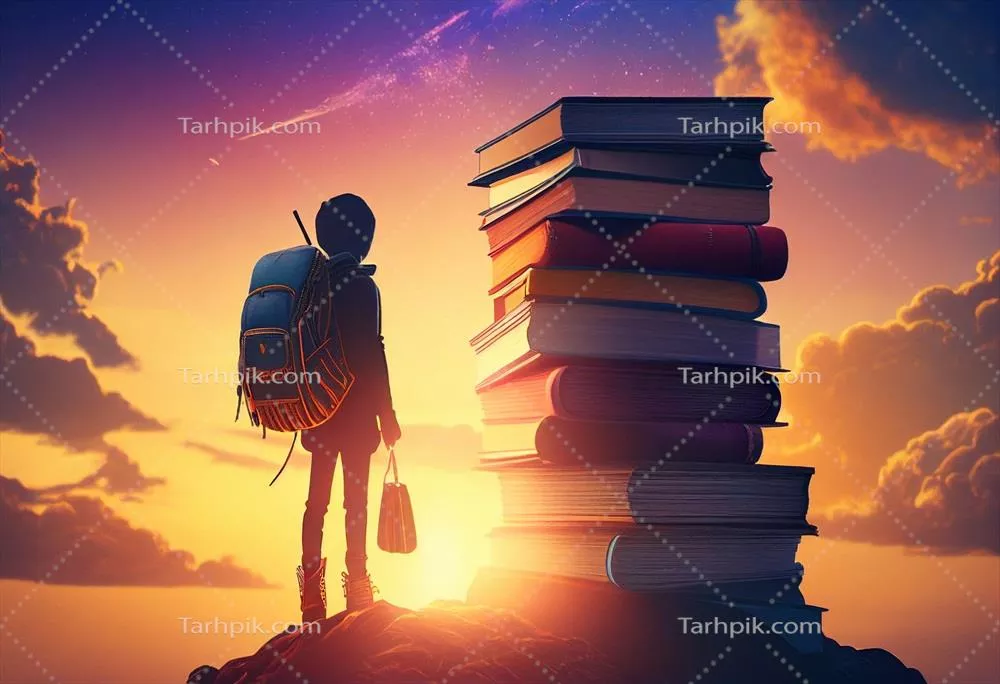 پسر کوچک نشسته بر روی انبوهی از کتاب‌ها: مفهومی از آموزش و هوش مصنوعی تولیدی