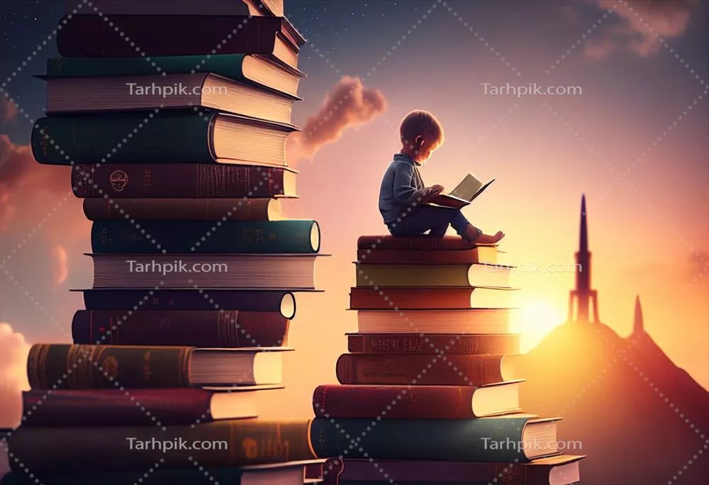 پسر کوچکی که بر فراز تودهای از کتابها نشسته است: مفهوم آموزشی و هوش مصنوعی تولیدی