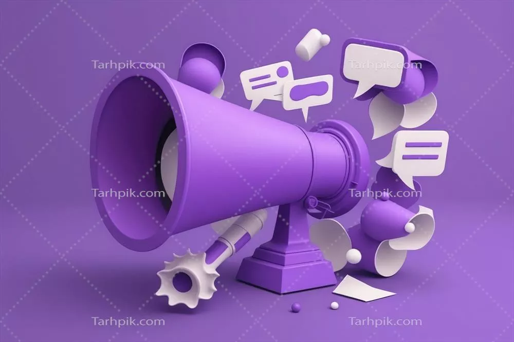 فریم پست رسانه اجتماعی سه بعدی با بلندگو و هشتگ برای بازاریابی و تبلیغات آنلاین
