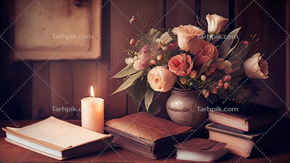 زندگی ساکن با کتابها، گلها و شمعها بر روی پسزمینه چوبی - اثر تولید شده با هوش مصنوعی