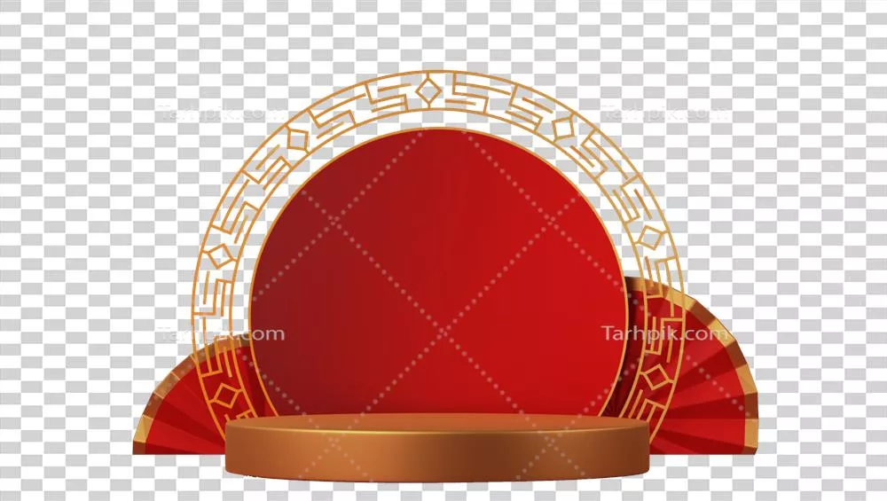 قاب دایرهای خالی چینی با پایه طلایی و عناصر گلهای کاغذی آکوردیونی در رندر سه بعدی