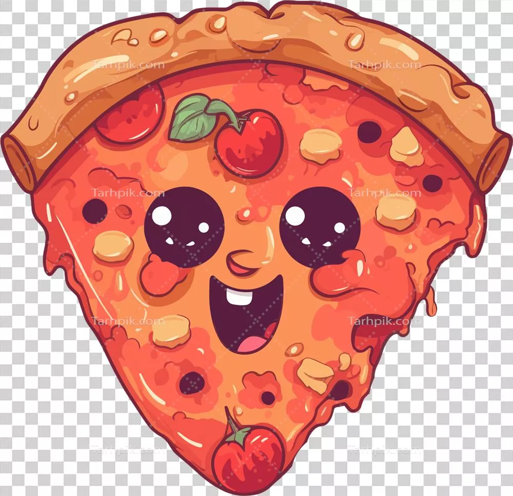 تصویر برش پیتزا کیوت و خوشحال با کاراکتر جذاب برای طراحی‌های کودکانه