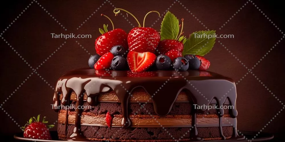 کیک شکلاتی با رویه توت فرنگی و طراحی شده با هوش مصنوعی