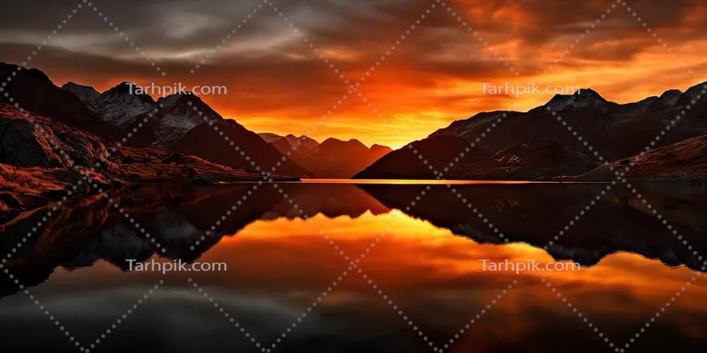 تصویرسازی زیبای هوش مصنوعی: دریاچه کوهستانی در غروب با حس ماجراجویانه و آرامش