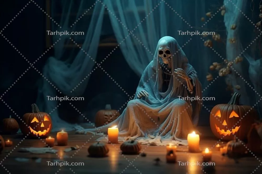 هواپیما انسانی در لباس شبح در خانه یا جنگل قدیمی در شب ترسناک با پس‌زمینه هالووین