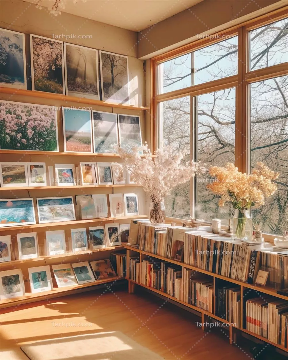 کتابخانه‌ای فوق‌العاده با کتاب‌های متنوع در کنار یک پنجره بزرگ