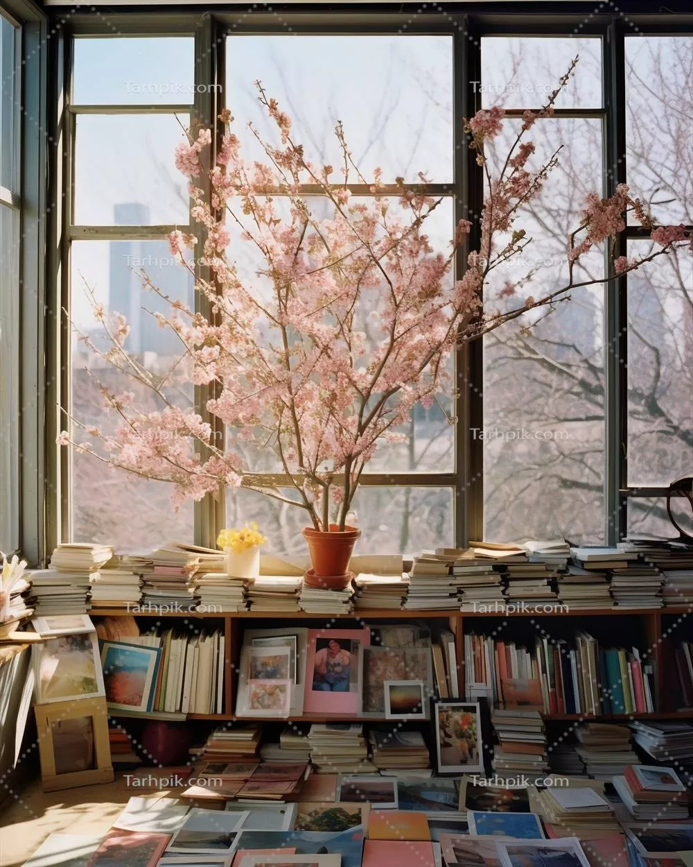 کتابخانه ای در کنار یک پنجره بزرگ با خلاقیت های هوش مصنوعی