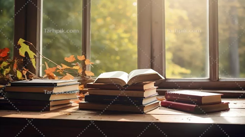 گشتی در دل طبیعت با کتابهای قدیمی روی تخته چوبی و پسزمینه سبز محو